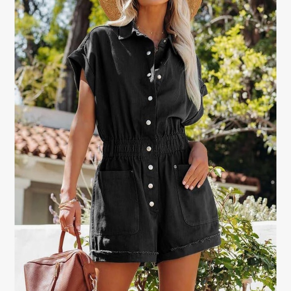 Chouyatou Women's Short Cuffed Sleeve Utility Romper- Elastic Waist -Button Down